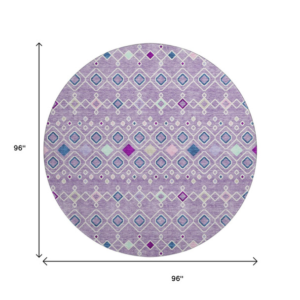 8' Lavender Ivory And Blue Southwestern Washable Round Rug With UV Protection