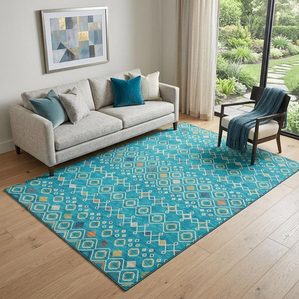 5' X 8' Teal Gold And Green Southwestern Washable Area Rug With UV Protection