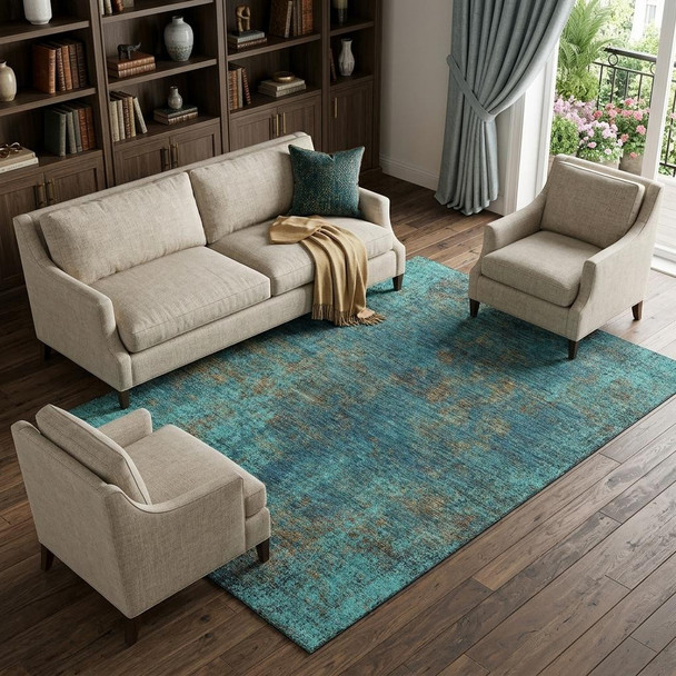 10' X 14' Teal And Brown Abstract Washable Area Rug With UV Protection