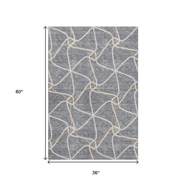3' X 5' Gray Gold And Ivory Geometric Washable Area Rug With UV Protection