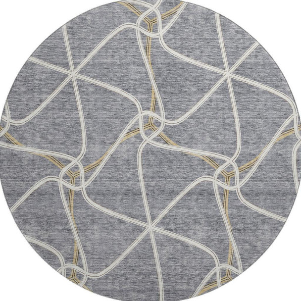8' Gray Gold And Ivory Geometric Washable Round Rug With UV Protection