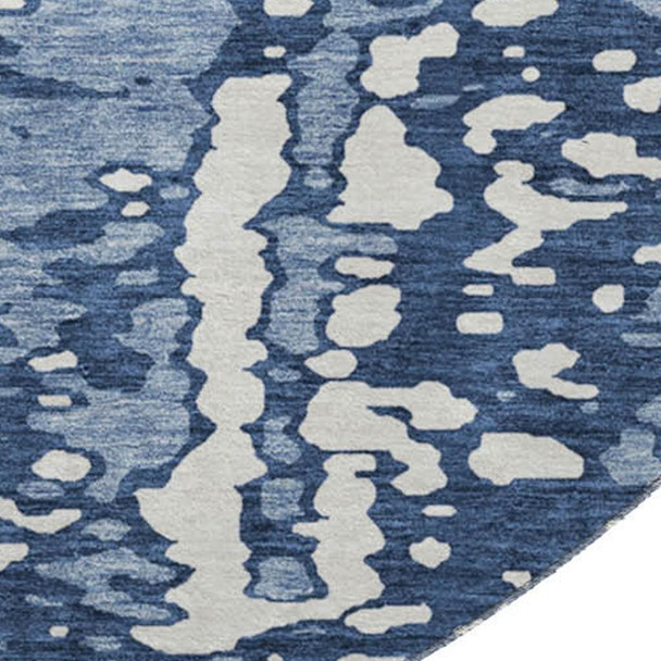 8' Denim Blue And Ivory Abstract Washable Round Rug With UV Protection