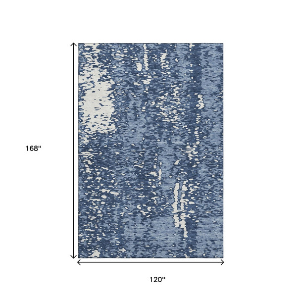 10' X 14' Denim Blue And Ivory Abstract Washable Area Rug With UV Protection