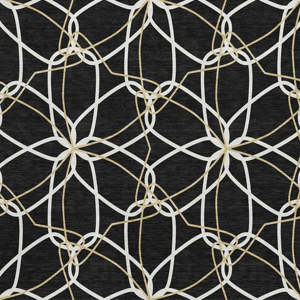 9' X 12' Black Ivory And Gold Geometric Washable Area Rug With UV Protection