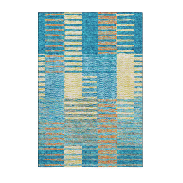 10' X 14' Teal Orange And Gold Striped Washable Area Rug With UV Protection