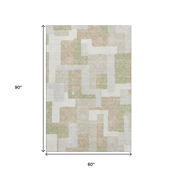 5' X 8' Beige Ivory And Taupe Geometric Washable Area Rug With UV Protection