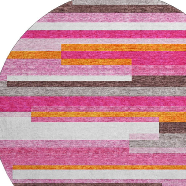 8' Blush Orange And Gray Striped Washable Round Rug With UV Protection
