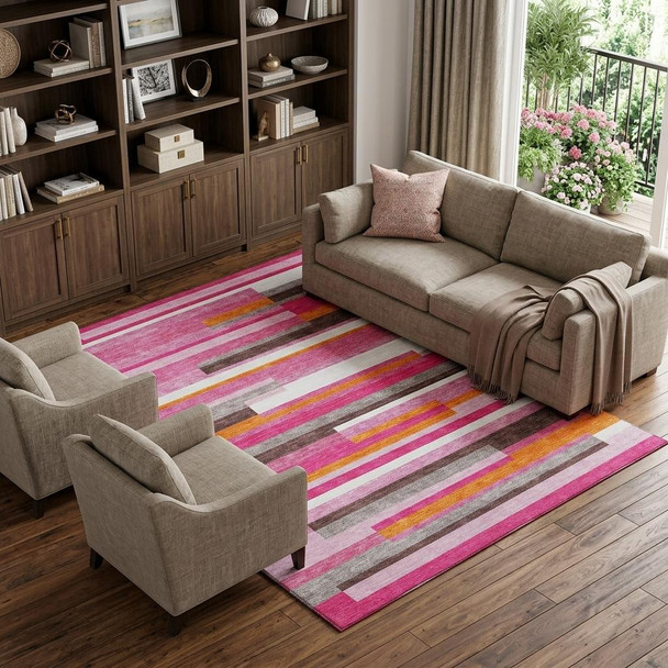 10' X 14' Blush Orange And Gray Striped Washable Area Rug With UV Protection