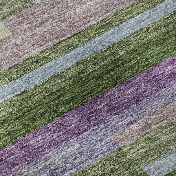 8' Artichoke Green Purple And Blue Striped Washable Round Rug With UV Protection