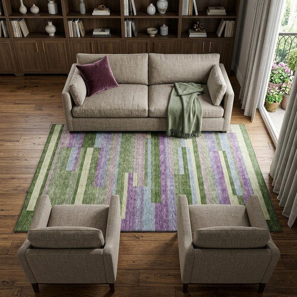 9' X 12' Artichoke Green Purple And Blue Striped Washable Area Rug With UV Protection