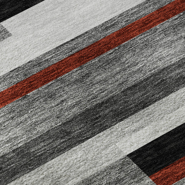 8' Gray Red And Silver Striped Washable Round Rug With UV Protection