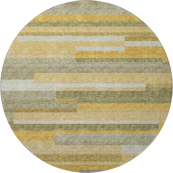 8' Amber Ivory And Gray Striped Washable Round Rug With UV Protection