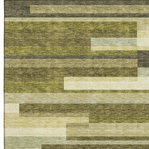 5' X 8' Olive Green Ivory And Beige Striped Washable Area Rug With UV Protection