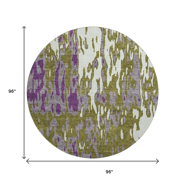 8' Olive Green Purple And Ivory Abstract Washable Round Rug With UV Protection