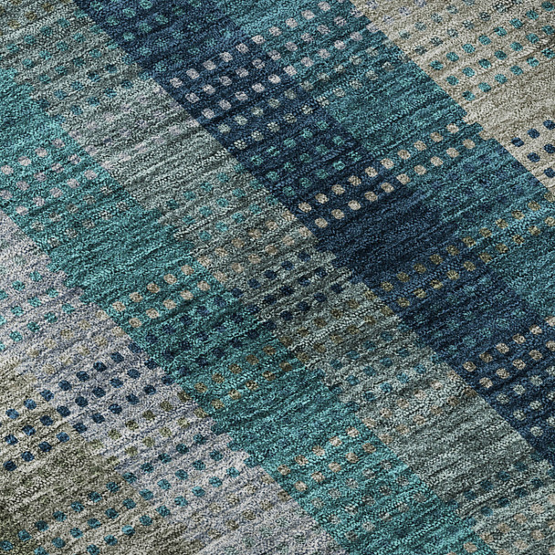 8' Teal Olive Green And Taupe Plaid Washable Round Rug With UV Protection