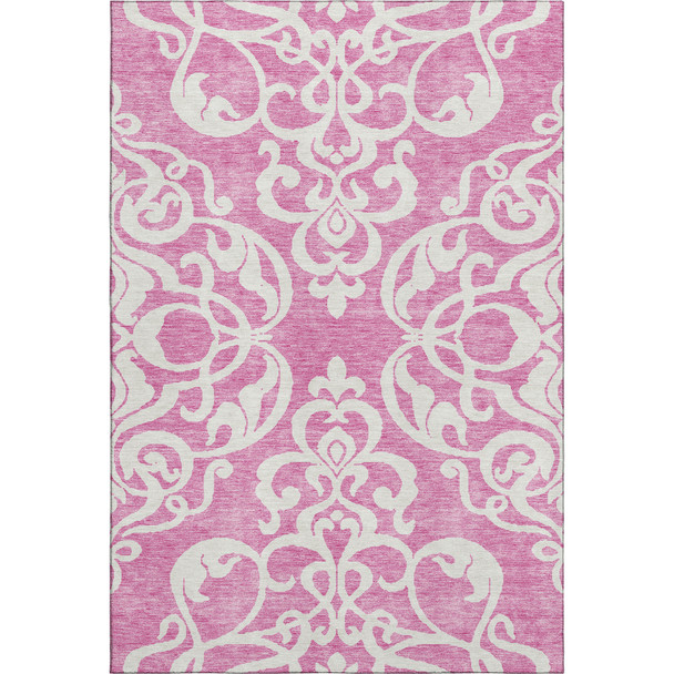 9' X 12' Blush And Ivory Damask Washable Area Rug With UV Protection