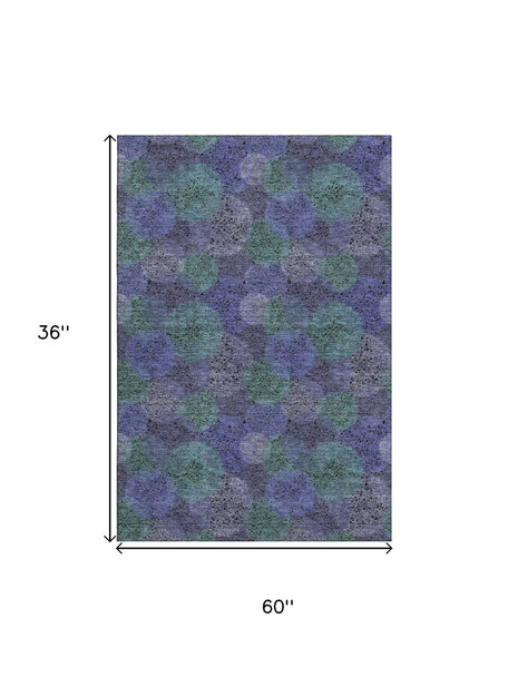 3' X 5' Purple And Green Abstract Washable Area Rug With UV Protection