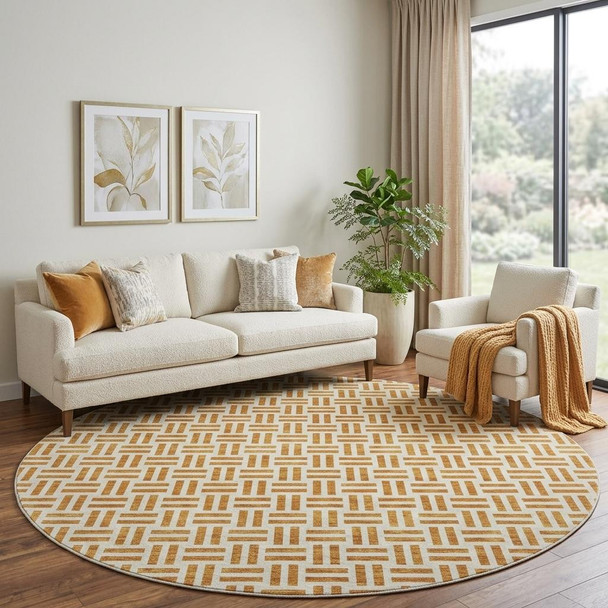 8' Copper And Ivory Geometric Washable Round Rug With UV Protection