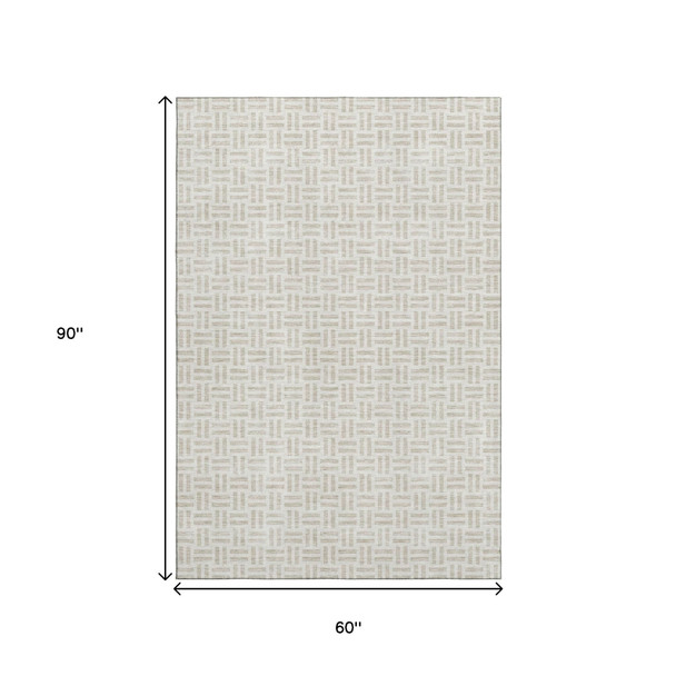 5' X 8' Ivory And Beige Geometric Washable Area Rug With UV Protection