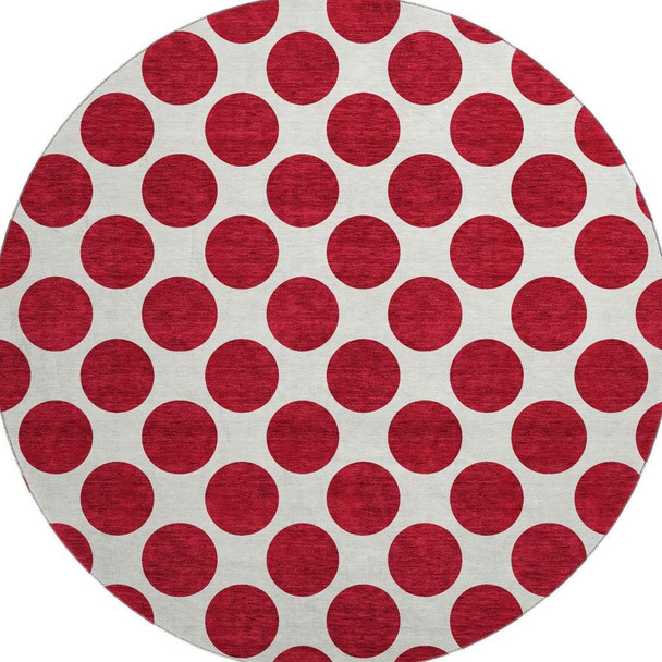 8' Red And Ivory Polka Dot Washable Round Rug With UV Protection
