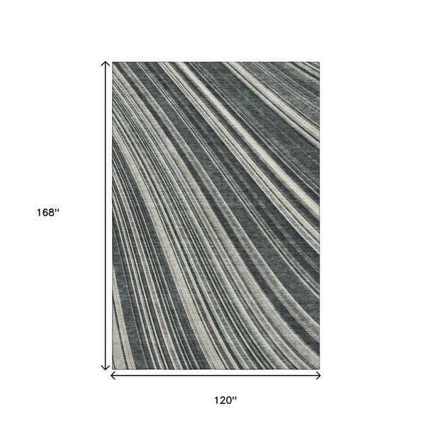 10' X 14' Black Gray And Ivory Striped Washable Area Rug With UV Protection