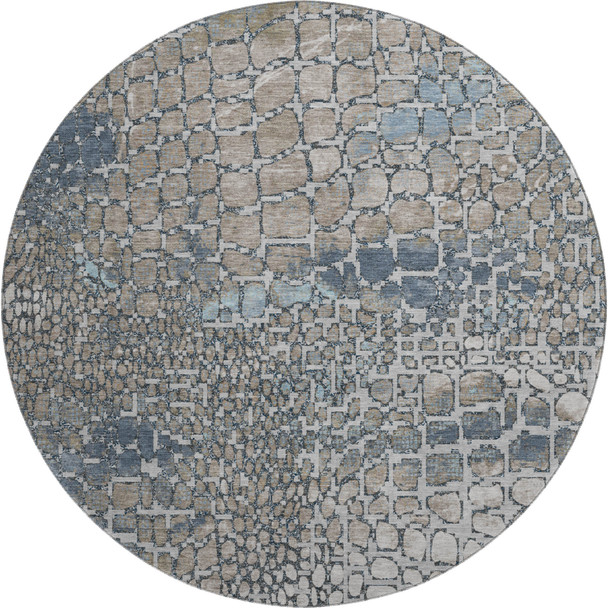8' Silver Gray And Beige Abstract Geometric Washable Round Rug With UV Protection