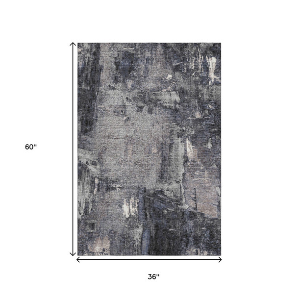 3' X 5' Charcoal And Silver Abstract Washable Area Rug With UV Protection