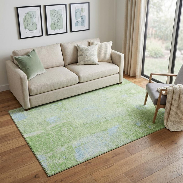 5' X 8' Green And Sky Blue Abstract Washable Area Rug With UV Protection