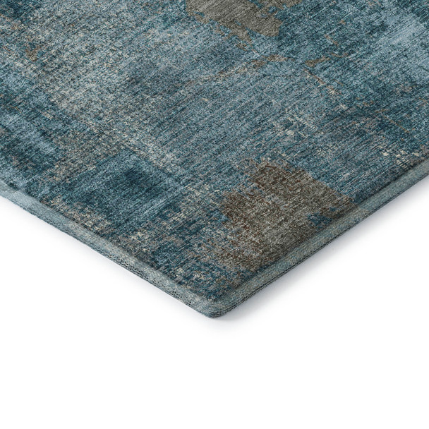 8' Teal And Taupe Abstract Washable Round Rug With UV Protection