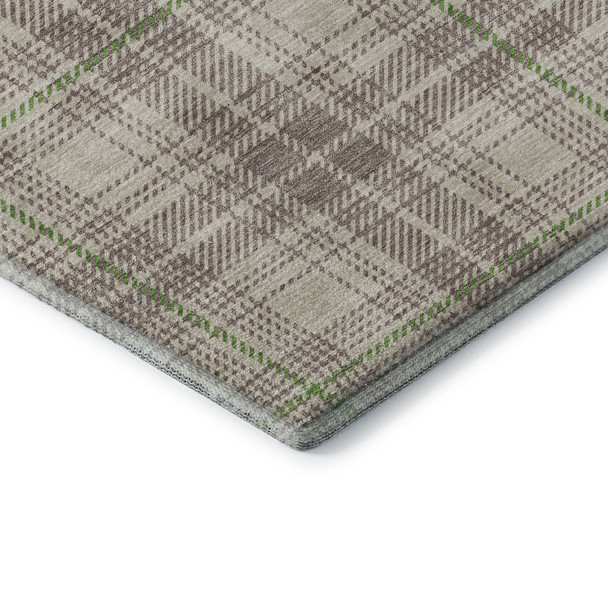 8' Beige Green And Tan Plaid Washable Round Rug With UV Protection