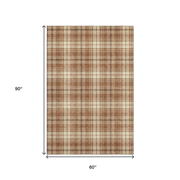 5' X 8' Rust Beige And Brown Plaid Washable Area Rug With UV Protection