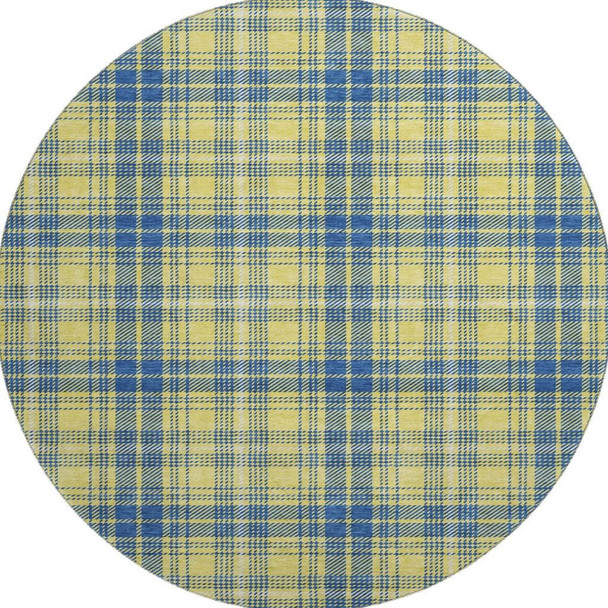 8' Yellow Ivory And Blue Plaid Washable Round Rug With UV Protection
