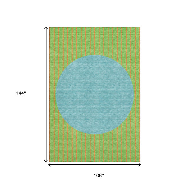 9' X 12' Lime Green Orange And Teal Striped Washable Area Rug With UV Protection