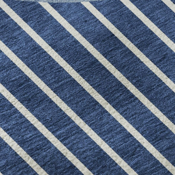 3' X 5' Navy Blue And Ivory Striped Washable Area Rug With UV Protection