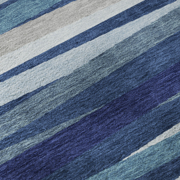 10' X 14' Navy Blue Ivory And Gray Striped Washable Area Rug With UV Protection