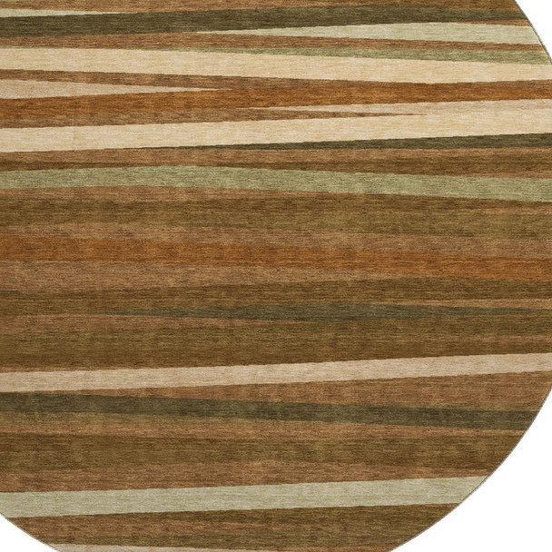 8' Rust Brown And Copper Striped Washable Round Rug With UV Protection