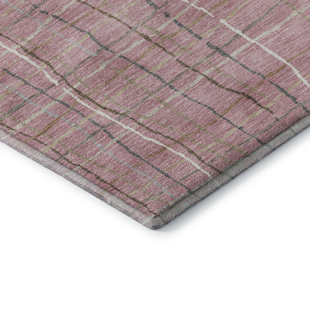 8' Pink Ivory And Gray Striped Washable Round Rug With UV Protection