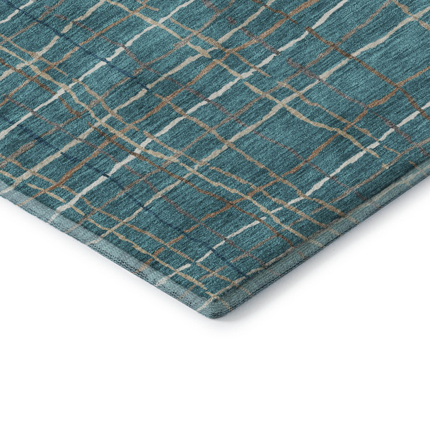 8' Teal Brown And Ivory Striped Washable Round Rug With UV Protection