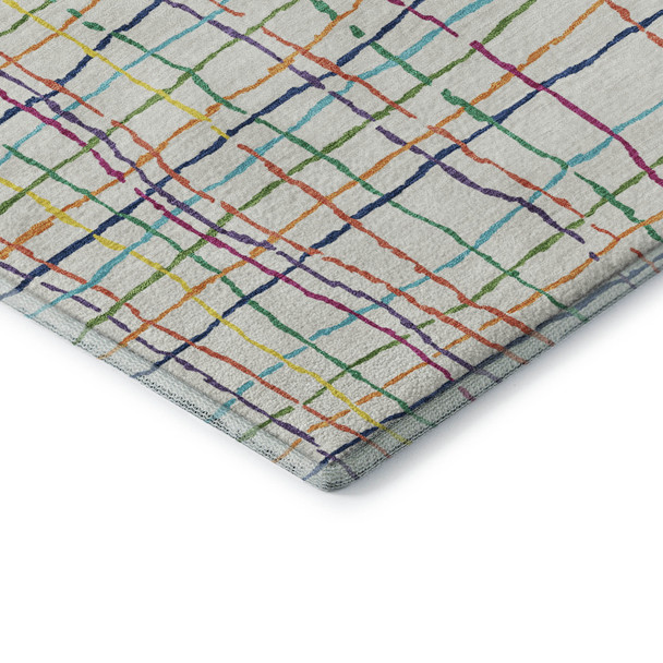 5' X 8' White Yellow Green And Pink Striped Washable Area Rug With UV Protection