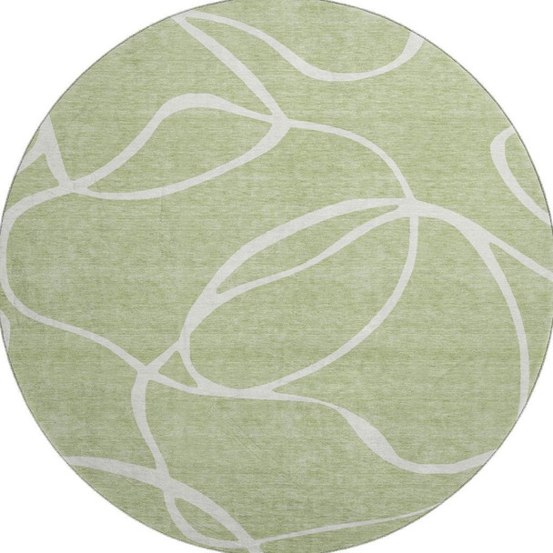 8' Artichoke Green And Ivory Abstract Washable Round Rug With UV Protection