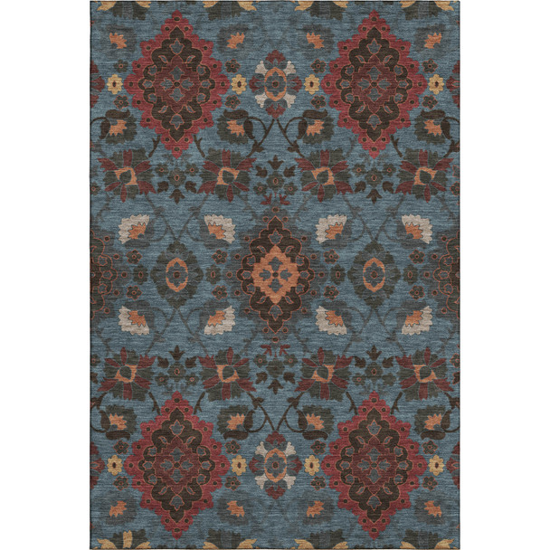 5' X 8' Denim Blue Red And Salmon Oriental Washable Area Rug With UV Protection