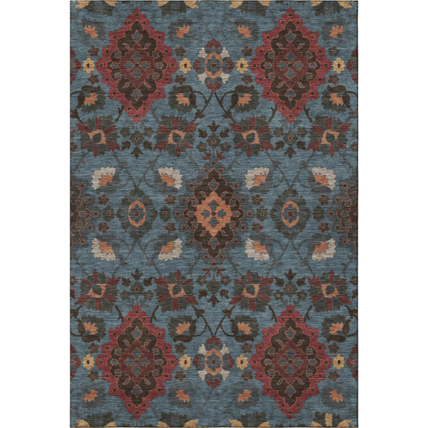 8' X 10' Denim Blue Red And Salmon Oriental Washable Area Rug With UV Protection
