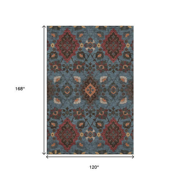 10' X 14' Denim Blue Red And Salmon Oriental Washable Area Rug With UV Protection