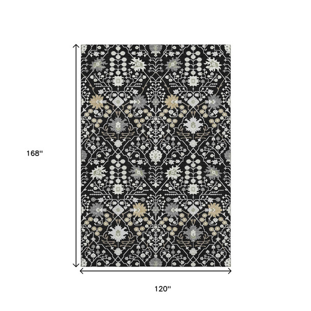 10' X 14' Black Gold And Ivory Oriental Washable Area Rug With UV Protection