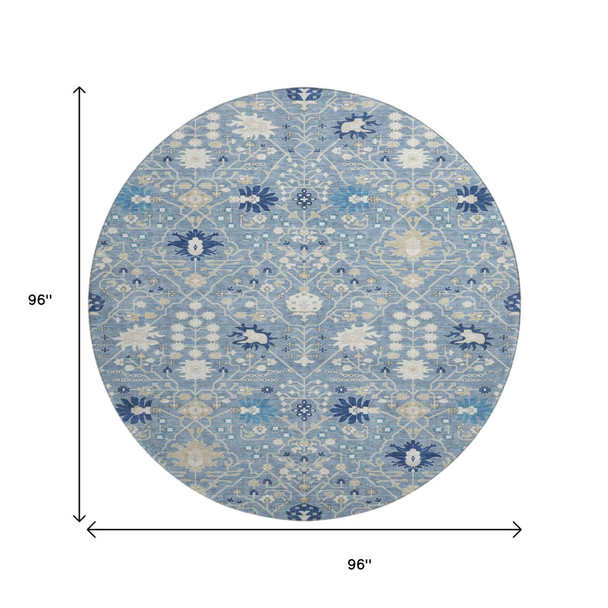 8' Denim Blue Beige And Ivory Oriental Washable Round Rug With UV Protection