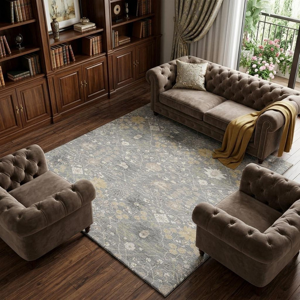 10' X 14' Gray Ivory And Beige Oriental Washable Area Rug With UV Protection