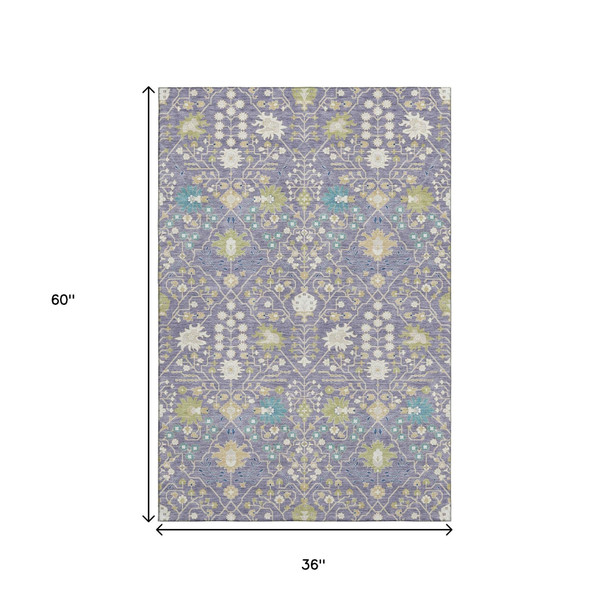 3' X 5' Lavender Beige And Blue Oriental Washable Area Rug With UV Protection