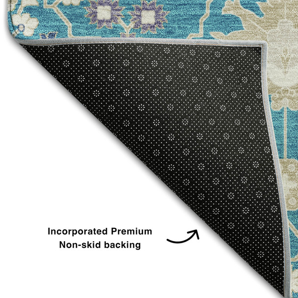 5' X 8' Teal Purple And Ivory Oriental Washable Area Rug With UV Protection