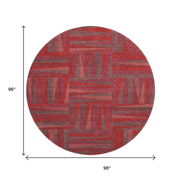 8' Red And Burgundy Geometric Washable Round Rug With UV Protection