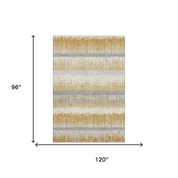 8' X 10' Gold Gray And Ivory Striped Washable Area Rug With UV Protection